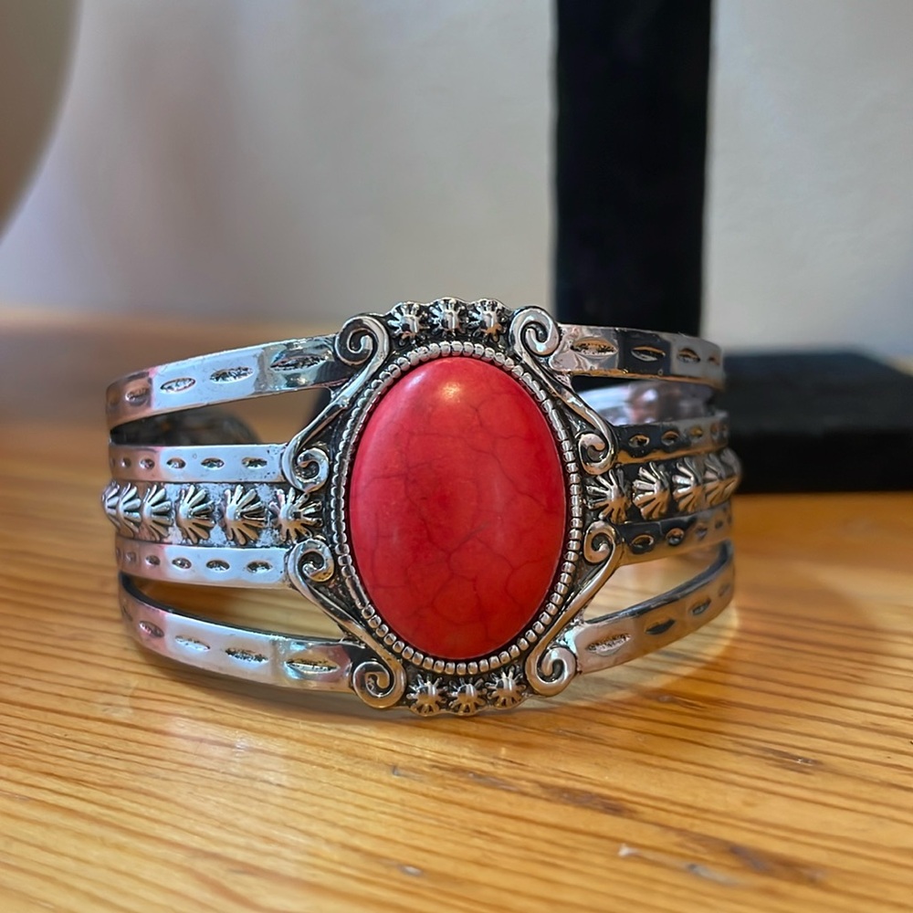Red Stone Silver Cuff Bracelet